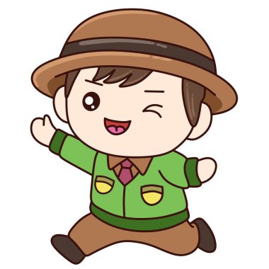 Yeşil tişörtlü, kahverengi şapkalı, neşeli yüzlü sevimli çizgi film çocuğu. Çocuklar için illüstrasyon, okul teması, karakter tasarımı, maskot ve eğitim içeriği için mükemmel.