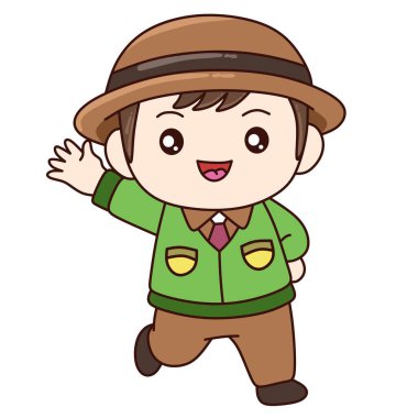 Yeşil tişörtlü, kahverengi şapkalı, neşeli yüzlü sevimli çizgi film çocuğu. Çocuklar için illüstrasyon, okul teması, karakter tasarımı, maskot ve eğitim içeriği için mükemmel.