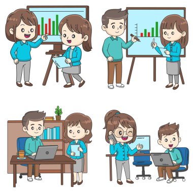 Sunumlar, takım çalışması ve dizüstü bilgisayarlarla bireysel çalışmaların yer aldığı dört sevimli çizgi film iş illüstrasyonları.