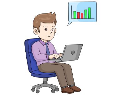 Dizüstü bilgisayarında çalışan mutlu genç bir adam konuşma balonunda bir bar çizelgesini gösteriyor. Verileri analiz ederken ya da iş stratejisi planlarken gülümsüyor. Çizgi film vektör illüstrasyonu