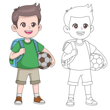 Sırt çantası ve futbol topu olan mutlu bir çizgi film çocuğu hem siyah hem de beyaz taslak şeklinde sunuluyordu. Okula ya da spor yapmaya hazırım. Vektör illüstrasyonu