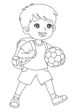Sırt çantası ve futbol topuyla yürüyen mutlu bir çizgi film çocuğu, okula ya da spor yapmaya hazır. Bu siyah beyaz taslak versiyonu, boyama sayfası için mükemmel. Vektör illüstrasyonu