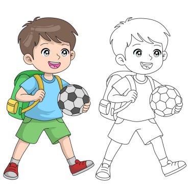 Sırt çantası ve futbol topu olan mutlu bir çizgi film çocuğu hem siyah hem de beyaz taslak şeklinde sunuluyordu. Okula ya da spor yapmaya hazırım. Vektör illüstrasyonu