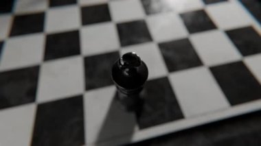 Siyah kral bir satranç tahtasının üzerinde, zorlu beyaz rakiplerle karşı karşıya, stratejik meydan okumayı ve rekabetçi oyunu sembolize ediyor.