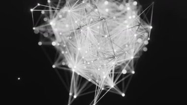 Bağlı nokta ve çizgilerden oluşan dinamik parlayan soyut ağ karanlık arkaplana karşı enerji ile titreşir