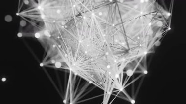 Parlayan beyaz çizgiler ve noktalar ile karanlık bir arkaplan üzerinde karmaşık bir soyut dijital ağ görselleştirmek, veri akışı ve birbirine bağlı sistemlerin kavramlarını resmetmek.
