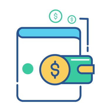 Elektronik cüzdan ikonu. Nakit, elektronik para, para, iş, yatırım, internet bankacılığı. Beyaz arkaplanda paralel vektör simgesi, renkli biçim