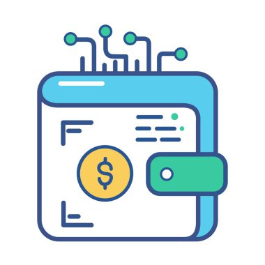 Elektronik cüzdan ikonu. Nakit, elektronik para, para, iş, yatırım, internet bankacılığı. Beyaz arkaplanda paralel vektör simgesi, renkli biçim