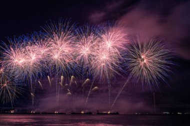 Gece gökyüzünde parlak, güzel, renkli havai fişek kutlaması. Fotoğraf Busan, Güney Kore 'de 2024 Busan Havai fişek Festivali sırasında çekildi.