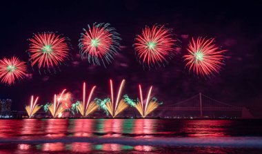 Bright beautiful colorful fireworks celebration in the night sky. Photo taken in Busan, South Korea during the Busan Fireworks Festival 2024 clipart