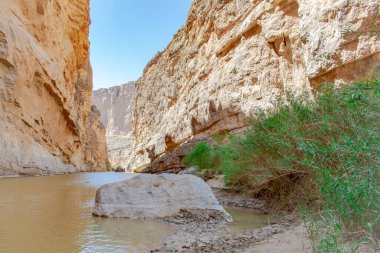 Texas Rio Grande 'deki Big Bend Ulusal Parkı' ndaki çölün kayalık manzarası. Fotoğraf açık mavi bir gökyüzünde çekildi.