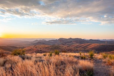 Teksas 'taki Big Bend Ulusal Parkı' nın çim tarlalarında ve çöllerinde dramatik bir altın gün batımı bulutu.