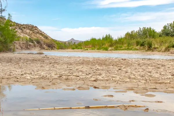 Texas 'taki Big Bend Ulusal Parkı' nda çölde mavi göletler ve çamur. Fotoğraf açık mavi bir gökyüzünde çekildi.