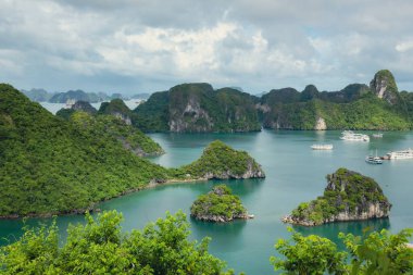 Bereketli tropikal bitkiler, ada kireçtaşı dağları, mavi su ve Vietnam 'daki Halong Körfezi' ndeki okyanus denizi boyunca uzanan tekneler.