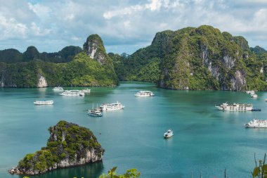 Bereketli tropikal bitkiler, ada kireçtaşı dağları, mavi su ve Vietnam 'daki Halong Körfezi' ndeki okyanus denizi boyunca uzanan tekneler.