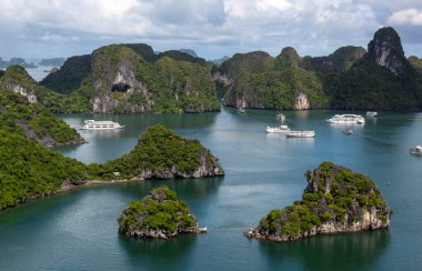 Bereketli tropikal bitkiler, ada kireçtaşı dağları, mavi su ve Vietnam 'daki Halong Körfezi' ndeki okyanus denizi boyunca uzanan tekneler.