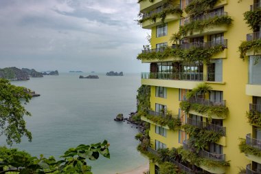 Sarı bitkilerle kaplı, cennet gibi okyanus manzaralı bir bina. Fotoğraf bulutlu bir günde Ha Long Bay 'de çekildi. Fotoğraf bulutlu bir günde çekildi.