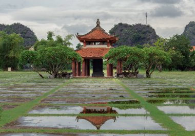 Nihn Binh Vietnam 'daki Hoa L Antik Başkenti' nde dağlarla ve tropikal ağaçlarla geleneksel pagoda yapısı yansıması