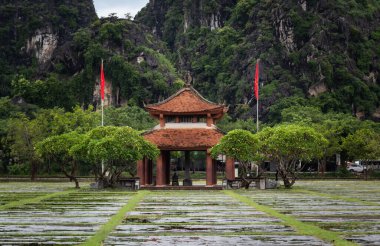Nihn Binh Vietnam 'daki Hoa L Antik Başkenti' nde dağlarla ve tropikal ağaçlarla geleneksel pagoda yapısı yansıması