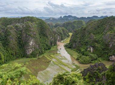 Yeşiller, tropikal orman dağları ve Kızıl Nehir pirinç tarlaları Ninh Binh Vietnam 'daki Hang Mua bakış açısına bakıyor.