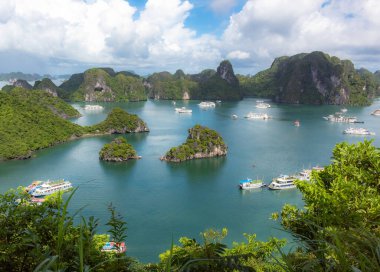 Bereketli tropikal bitkiler, ada kireçtaşı dağları, mavi su ve Vietnam 'daki Halong Körfezi' ndeki okyanus denizi boyunca uzanan tekneler.