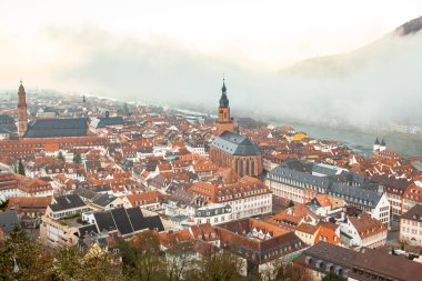 Heidelberg Almanya 'sındaki eski kasaba köyünün ortaçağ ve geleneksel mimarisi. Fotoğraf bulutlu bir sabahta çekildi.