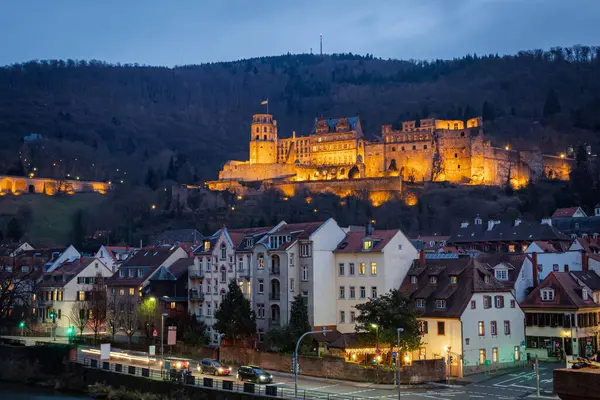 Heidelberg Almanya 'sında Neckar Nehri boyunca uzanan geleneksel Alman mimari binalarıyla çevrili Schloss Heidelberg Kalesi' ni aydınlatmıştır. Fotoğraf akşam mavi saatte çekilmiş..