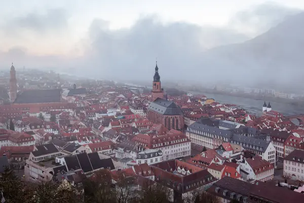 Heidelberg Almanya 'sındaki eski kasaba köyünün ortaçağ ve geleneksel mimarisi. Fotoğraf bulutlu bir sabahta çekildi.