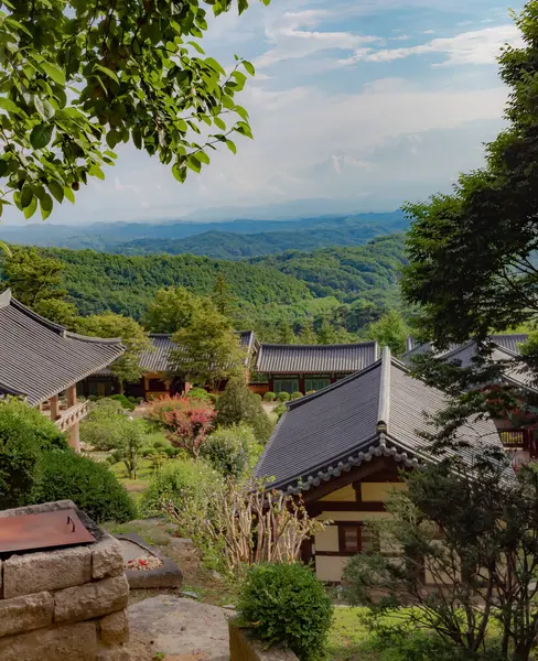 Güney Kore 'deki Buseoksa Budist Tapınağı kompleksindeki geleneksel Kore mimarisi ve yemyeşil orman ve dağlar bulutlu bir günde