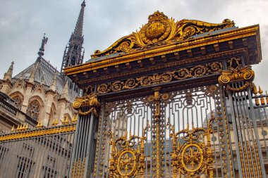 Soğuk bir kış bulutlu bir günde Paris 'te eski bir gotik stil siyah ve altın kapı.