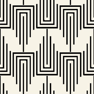 Şık çizgiler labirent kafes. Etnik tek renkli doku. Geometrik arka plan. Vektör sorunsuz siyah-beyaz desen.