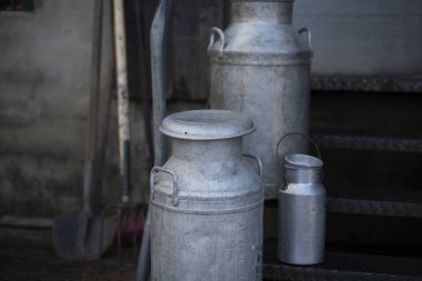 Üç farklı boyutta eski metal süt çalkantıları, tüm günlük çiftliklerde bulunurdu..