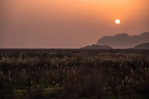 Dağların üzerinde açık gökyüzü günbatımı.