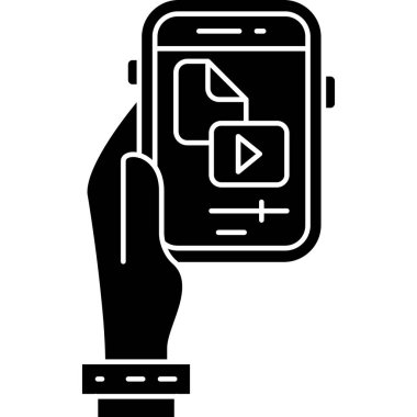 Akıllı telefon ve elinde akıllı telefon ikonu. Akıllı telefon ve elinde akıllı telefon simgesi olan bir ekran. Beyaz arkaplanda izole edilmiş vektör illüstrasyonu.