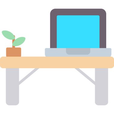 Masalı bilgisayar, saksı, ofis masası. vektör illüstrasyonu.