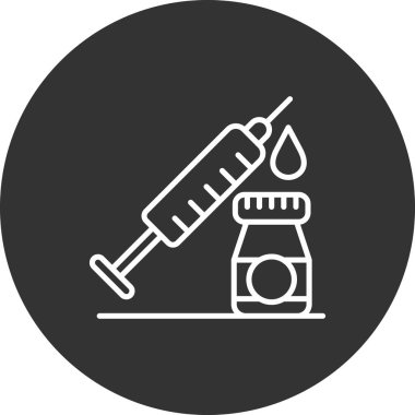 Şırınga hattı ikonlu aşı şişesi, aşı konsepti, aşı konsepti, beyaz arka planda aşı enjeksiyonu, aşı şişesinde enjeksiyon ikonu