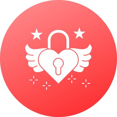 Beyaz arka planda kilit simgesi olan beyaz kalp. Kilitli kalp. Kalp sembolü. Anahtar deliği işaretli tutku. Kırmızı daire düğmesi. vektör illüstrasyonu