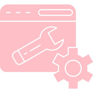 İngiliz anahtarı ve vites vektör simgesi. biçim düz simge, pembe renk, yuvarlak açılar, beyaz arkaplan