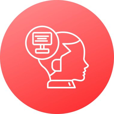 Uzun gölgeli beyaz çizgi insan beyni ikonu. Kırmızı daire düğmesi. vektör illüstrasyonu