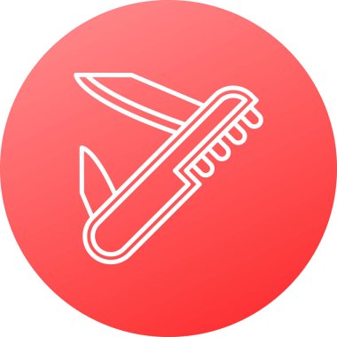 Beyaz çizgi bıçak ikonu uzun gölgeli izole edilmiş. Çatal bıçak sembolü. Kırmızı altıgen düğmesi. Vektör İllüstrasyonu