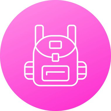 Pembe gölgeli beyaz çizgi sırt çantası simgesi izole edildi. Kamp çantası. Sırt çantası taşıyorum. Kırmızı daire düğmesi. vektör