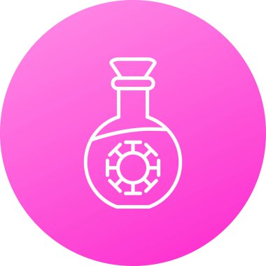 Beyaz arka planda izole edilmiş beyaz iksir ikonu şişesi. İksirli matara. Cadılar bayramı partin kutlu olsun. Kırmızı daire düğmesi. vektör.