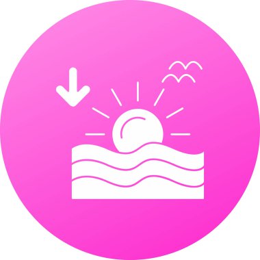 Beyaz arkaplanda beyaz günbatımı simgesi izole. Kırmızı daire düğmesi. vektör illüstrasyonu