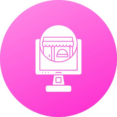 Beyaz arkaplanda beyaz bilgisayar monitörü simgesi izole edildi. Bilgisayar bileşeni işareti. Pembe daire düğmesi. vektör illüstrasyonu