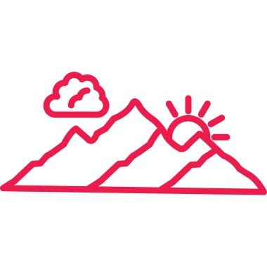 bulutlu dağlar ince çizgi ikonu, konsept, seyahat ve tatil işareti beyaz arka planda, dağ ve güneş ile dağ simgesi mobil için ana hatlar biçiminde