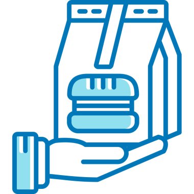 Mavi renkli vektör illüstrasyonlu bir şişeyi tutan el.