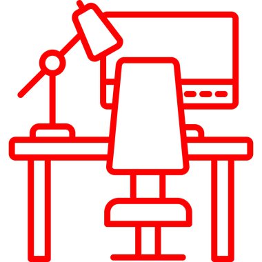 Bilgisayar ve lamba simgesi olan masa, vektör illüstrasyonu