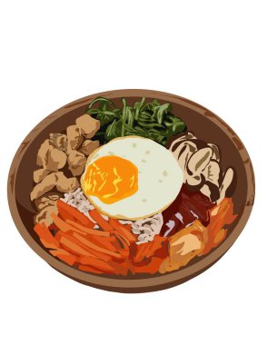 Lezzetli bir yemeğin, kızarmış yumurtanın, tavuğun, pirincin, sebzelerin, sebzelerin, sebzelerin, mantarların el çizimi. Kore yemeği bibimbap.