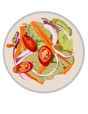 Beyaz arka planda sebzeli taze salata. Salatalık, havuç, soğan ve biber turşusu..