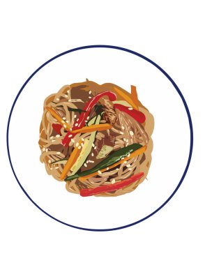 Japchae 'nin elle çizilmiş bir resmi, karıştırılmış cam erişte, et ve soya sosuyla sotelenmiş çeşitli sebzelerden oluşan bir meze, ziyafetlerde ve güveçte en sık görülen görüntülerini sergiliyor.. 